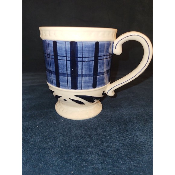 Fitz & Floyd BRISTOL Indigo Tartan Blue White Lg Mug Ceramic 4.75" h Plaid - Picture 1 of 6